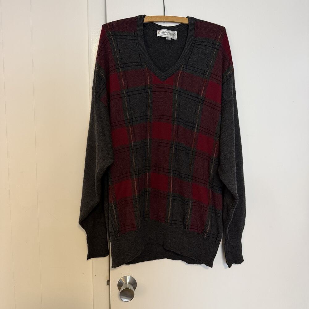 Vintage Clark & Gregory XXL Merino Wool Sweater Plaid V Neck Scotland Golfwear